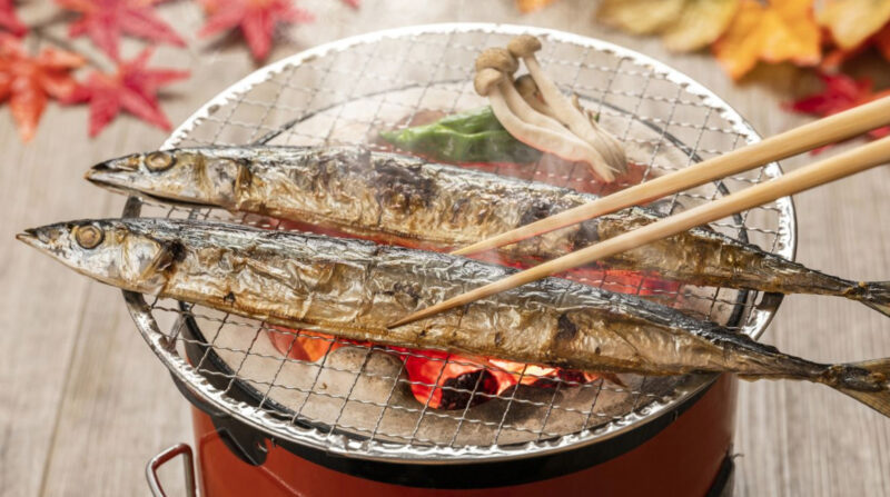 七輪で焼く秋刀魚の写真